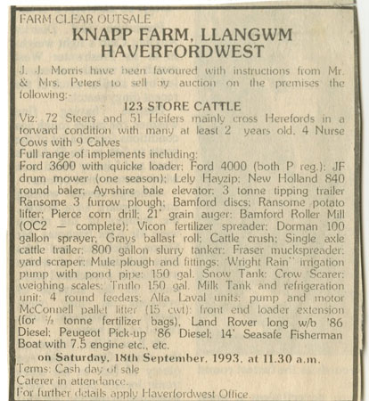 Information detailing goods for sale at Knapp Farm Llangwm Pembrokeshire including dead and livestock